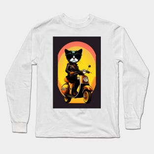 Cute Cat with boots sitting on a vespa moped with sunglasses vector Long Sleeve T-Shirt